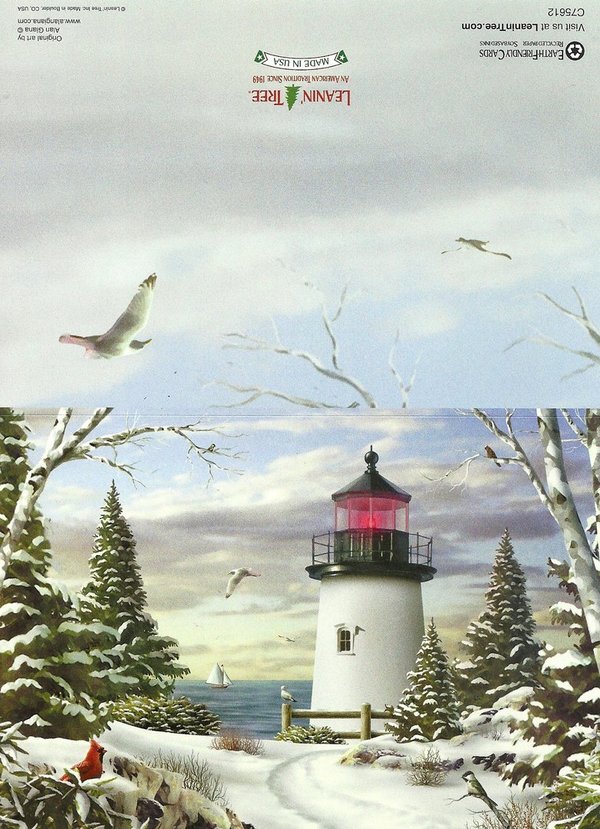 Christmas Card Sailboat going by lighthouse Leanin Tree