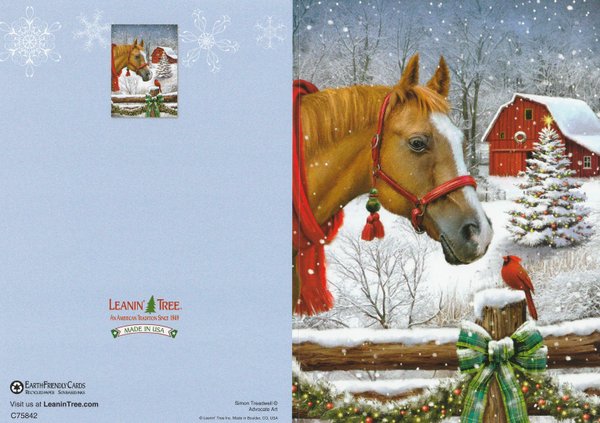 Folding Card Horse and bird winter scene Leanin Tree